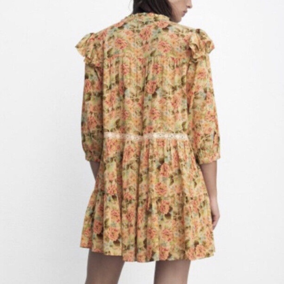 Zara peasant warm colours floral ruffles and lace low wasted mini dress NWT - Picture 11 of 11